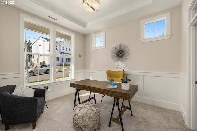 4420 NW 178th Ter Lot 27, Portland, OR 97229 - home office featuring a raised ceiling, light colored carpet, ornamental molding, a wainscoted wall, and a decorative wall