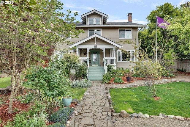 636 S Nehalem St, Clatskanie, OR 97016 - american foursquare style home with a chimney, a porch, and stairs