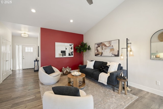 367 E 4th St, Lowell, OR 97452 - living area with wood finished floors, recessed lighting, lofted ceiling, and baseboards