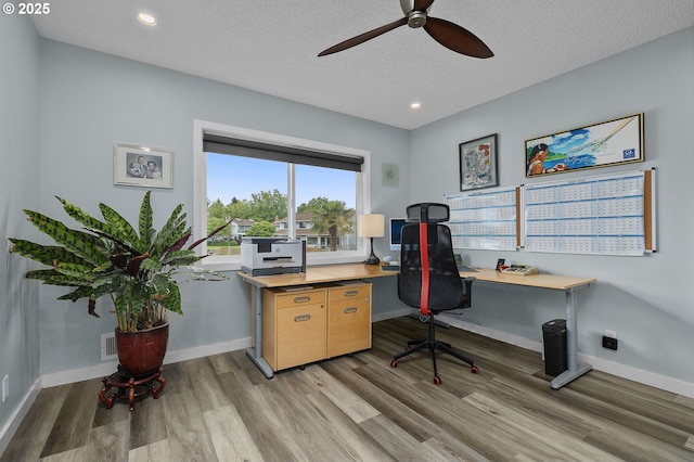 620 N Hayden Bay Dr, Portland, OR 97217 - home office with ceiling fan, light wood-style flooring, a textured ceiling, baseboards, and recessed lighting