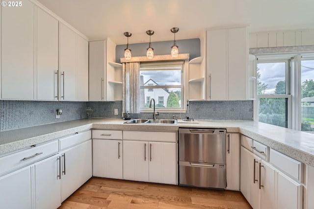 1805 NE Saratoga St, Portland, OR 97211 - kitchen featuring a sink, stainless steel dishwasher, open shelves, and white cabinets