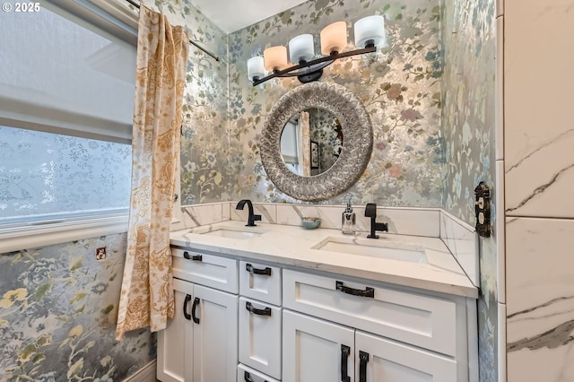 1805 NE Saratoga St, Portland, OR 97211 - bathroom with wallpapered walls and double vanity