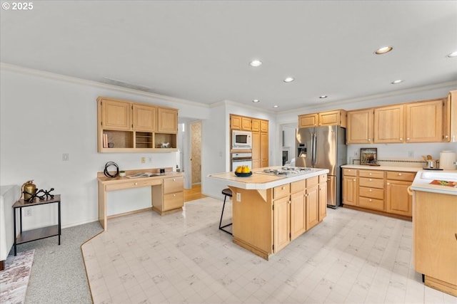 16605 SW Sumac St, Beaverton, OR 97007 - kitchen featuring white appliances, light brown cabinetry, a center island, light countertops, and crown molding