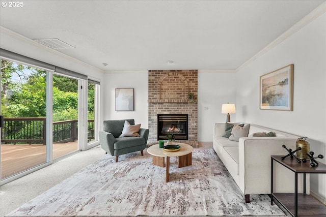 16605 SW Sumac St, Beaverton, OR 97007 - carpeted living room with ornamental molding and a brick fireplace