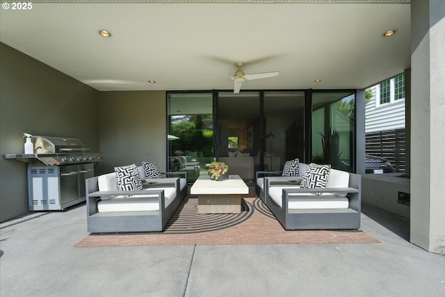 7338 N Chase Ave, Portland, OR 97217 - view of patio with an outdoor living space, ceiling fan, and a grill