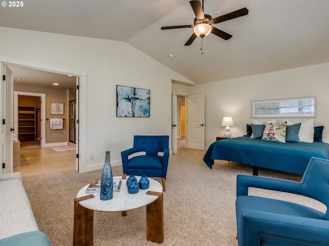 7760 SW Hyland Way, Beaverton, OR 97008 - bedroom featuring light colored carpet, lofted ceiling, baseboards, and a ceiling fan