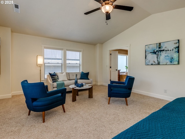 7760 SW Hyland Way, Beaverton, OR 97008 - living area with ceiling fan, carpet flooring, lofted ceiling, and baseboards
