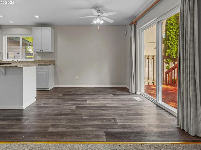 interior space featuring dark hardwood / wood-style floors, white cabinets, and ceiling fan