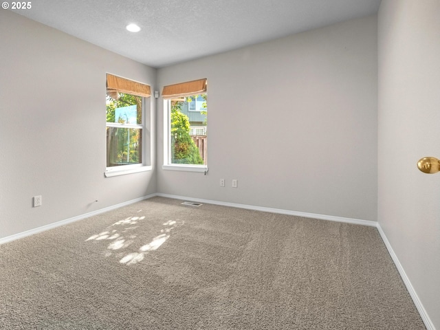 empty room with carpet floors and a textured ceiling