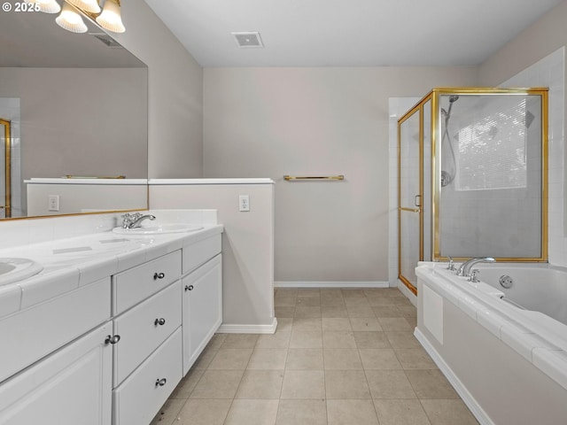 bathroom featuring vanity, separate shower and tub, and tile patterned flooring