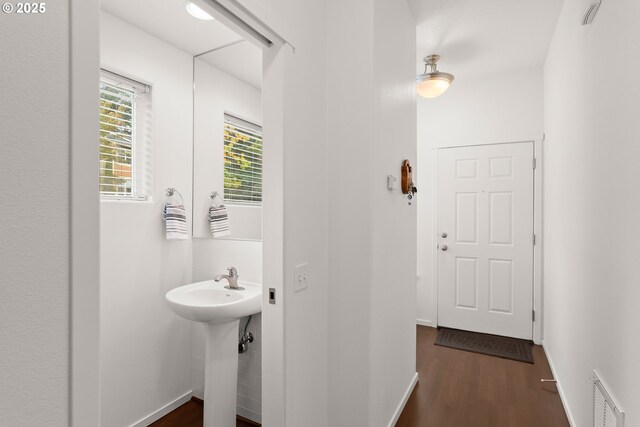 bathroom featuring wood finished floors, baseboards, and a sink