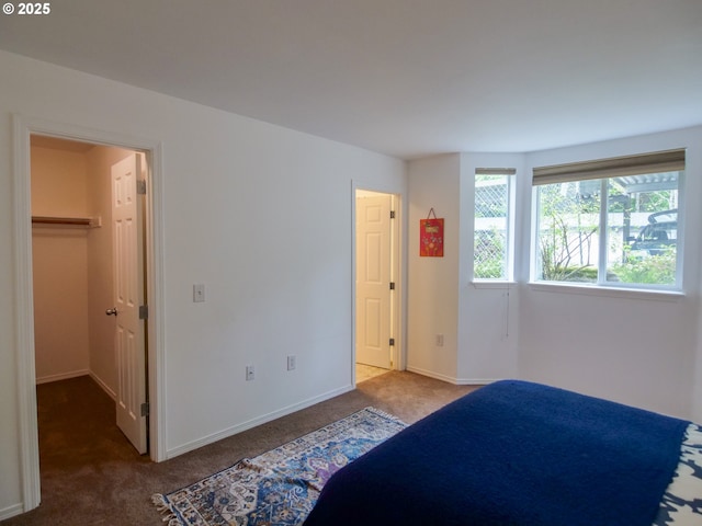 carpeted bedroom featuring baseboards and a walk in closet