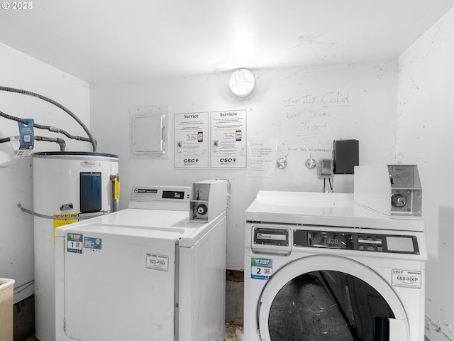 laundry area with washer and clothes dryer and electric water heater