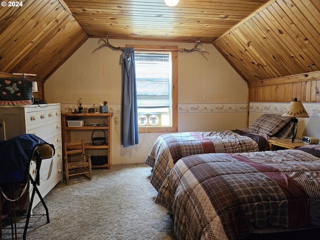 carpeted bedroom with wood ceiling and vaulted ceiling