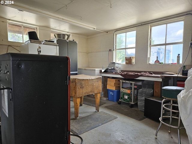 miscellaneous room featuring concrete flooring, a wealth of natural light, and a workshop area