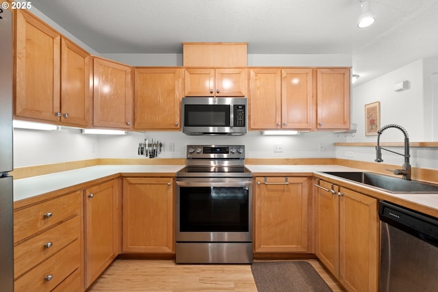 kitchen featuring light countertops, appliances with stainless steel finishes, a sink, and light wood-style flooring