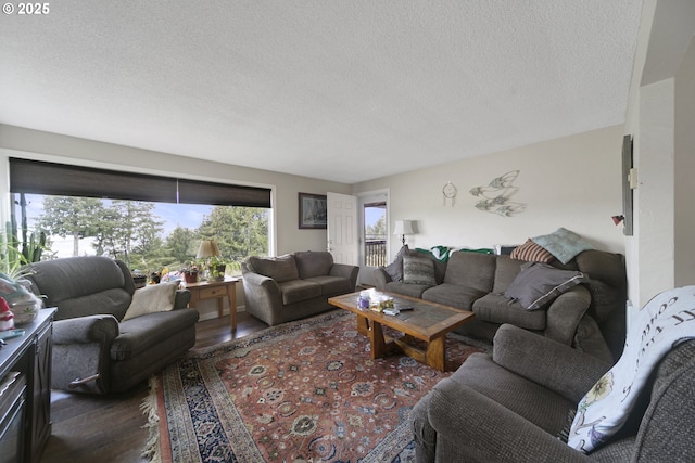 625 Crestview Dr, Reedsport, OR 97467 - living area featuring dark wood finished floors and a textured ceiling