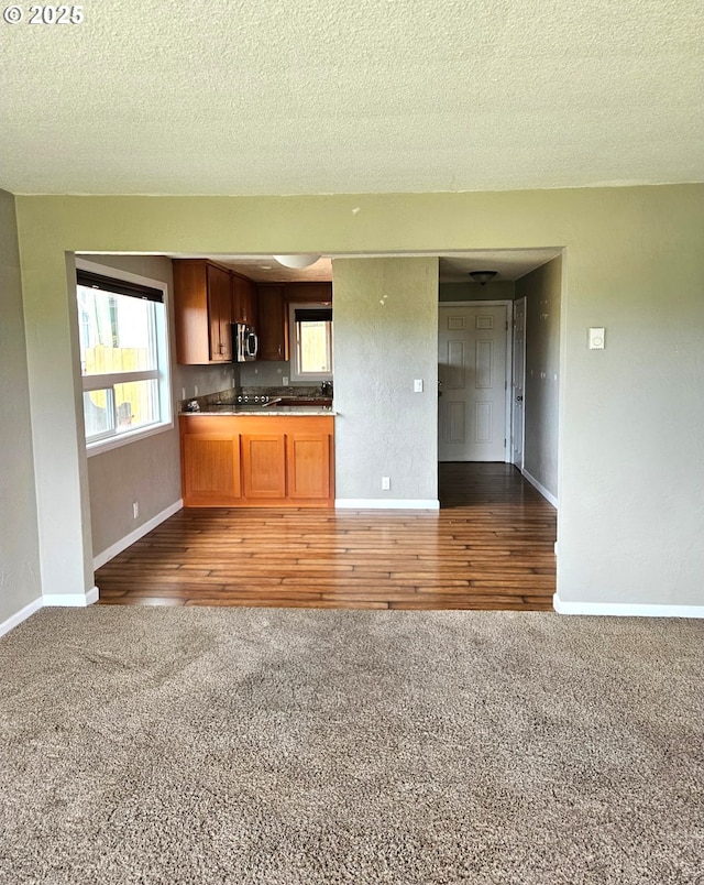 625 Crestview Dr, Reedsport, OR 97467 - kitchen with carpet flooring, stainless steel microwave, baseboards, plenty of natural light, and a textured ceiling