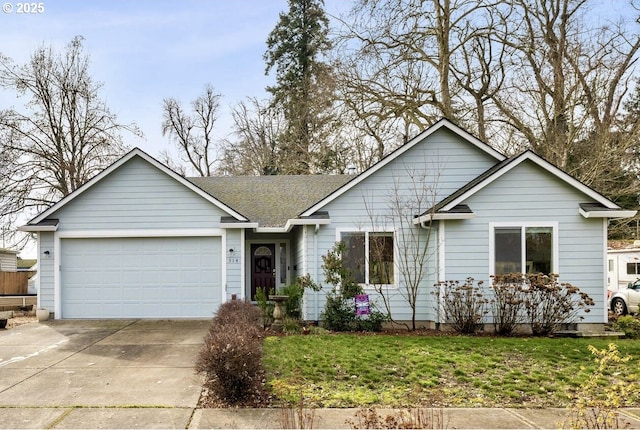 ranch-style home with an attached garage, driveway, a shingled roof, and a front yard