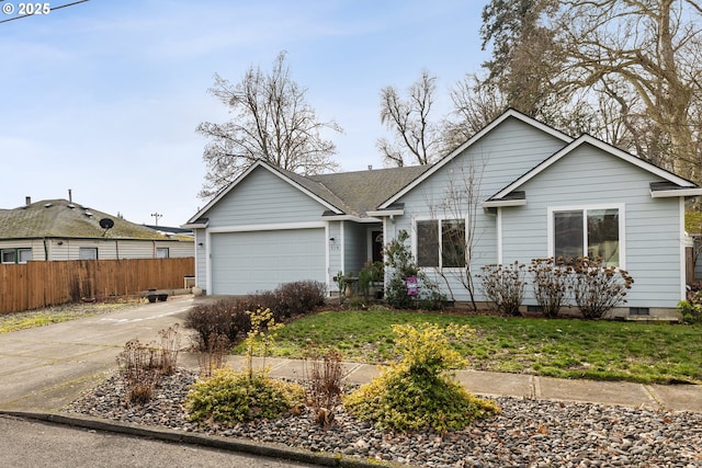 ranch-style house featuring a garage, concrete driveway, and fence