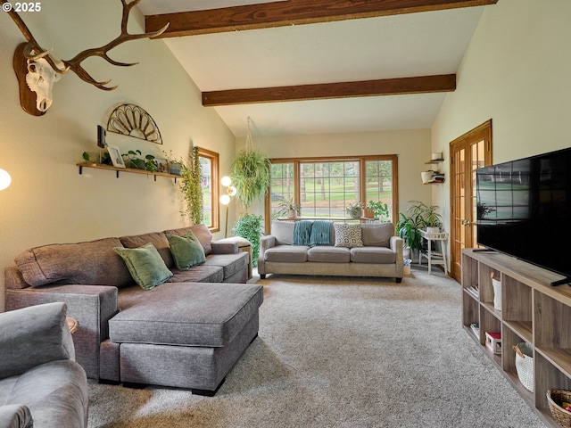 carpeted living room with high vaulted ceiling and beamed ceiling