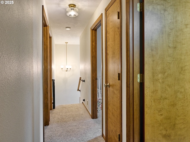 hall featuring carpet floors, a textured wall, and a textured ceiling