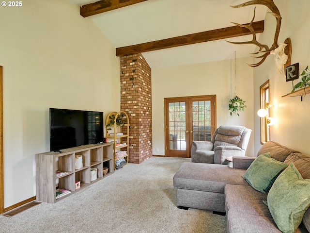 carpeted living room with baseboards, high vaulted ceiling, beamed ceiling, and french doors