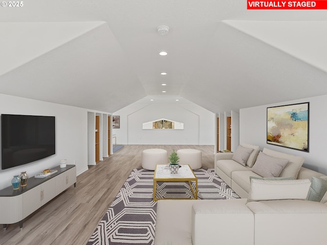 1091 N Echo Mountain Rd, Otis, OR 97368 - living room featuring lofted ceiling, light wood-style flooring, and recessed lighting