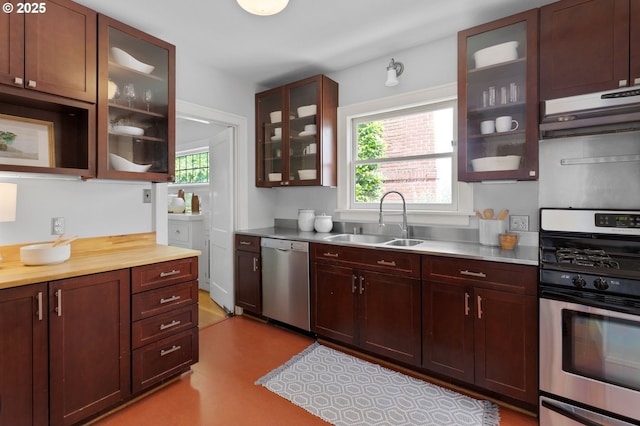 436 SE 44th Ave, Portland, OR 97215 - kitchen featuring appliances with stainless steel finishes, under cabinet range hood, and glass insert cabinets