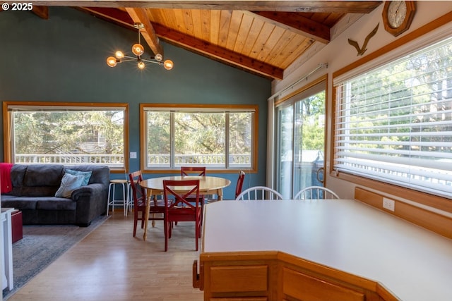 26750 David Ave, Rockaway Beach, OR 97136 - dining space with healthy amount of natural light, wooden ceiling, light wood-style flooring, and a chandelier