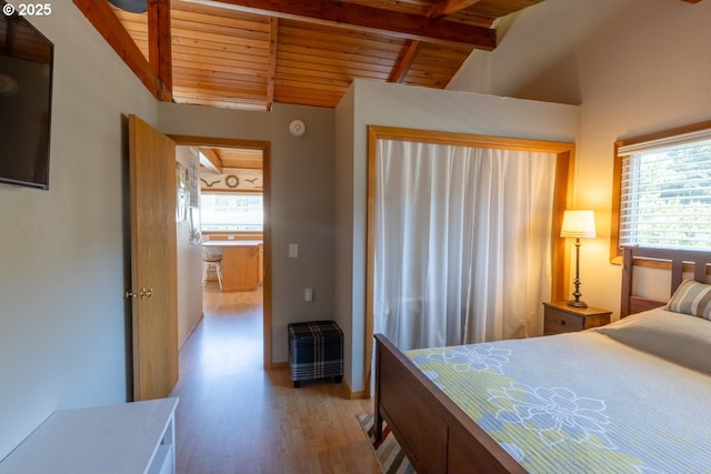 26750 David Ave, Rockaway Beach, OR 97136 - bedroom featuring wooden ceiling, light wood-type flooring, and baseboards
