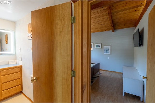 26750 David Ave, Rockaway Beach, OR 97136 - corridor featuring wooden ceiling and wood finished floors