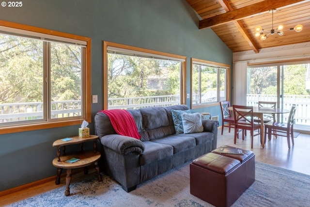 26750 David Ave, Rockaway Beach, OR 97136 - living area with wood ceiling, a chandelier, plenty of natural light, wood finished floors, and baseboards