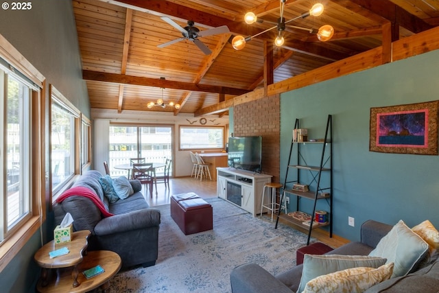 26750 David Ave, Rockaway Beach, OR 97136 - living area with wooden ceiling, ceiling fan, and a chandelier