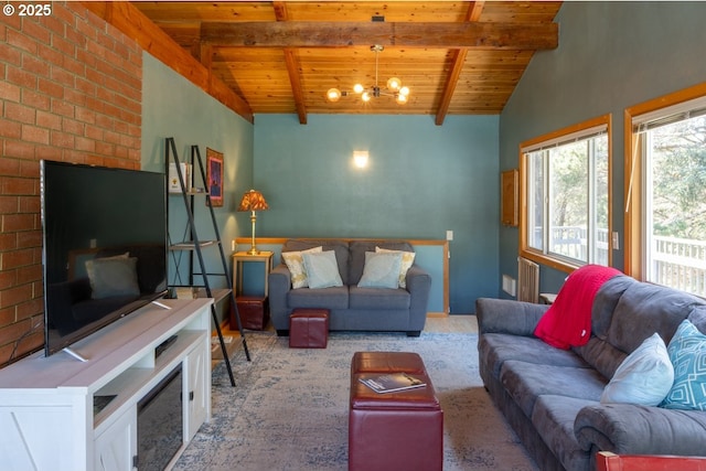 26750 David Ave, Rockaway Beach, OR 97136 - carpeted living room with wooden ceiling, healthy amount of natural light, and a chandelier