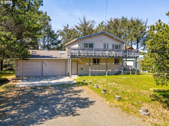 26750 David Ave, Rockaway Beach, OR 97136 - view of front of house featuring dirt driveway, a wooden deck, a front yard, a garage, and stairway