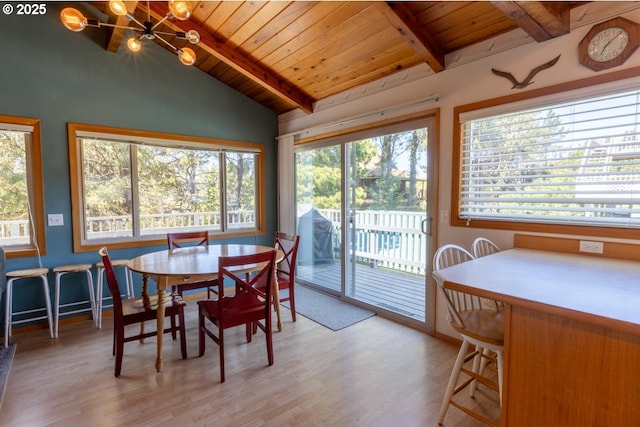 26750 David Ave, Rockaway Beach, OR 97136 - dining area featuring a chandelier, wood ceiling, healthy amount of natural light, and wood finished floors