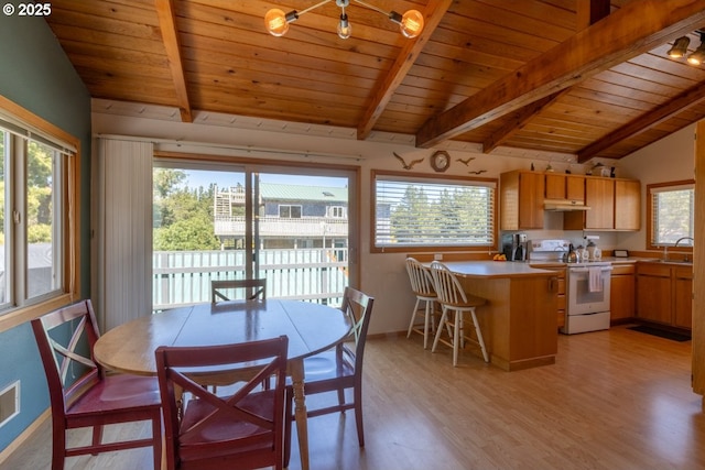26750 David Ave, Rockaway Beach, OR 97136 - dining area featuring light wood-style floors, wood ceiling, and a chandelier