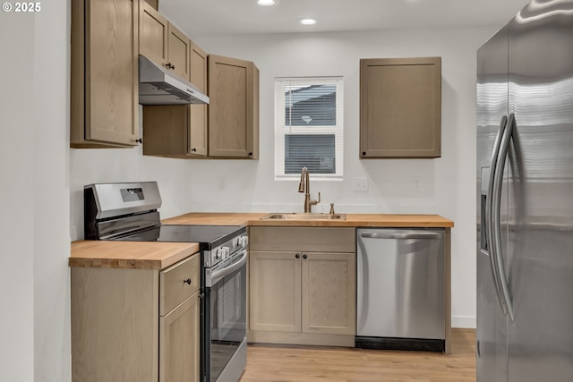 4070 Barger Dr, Eugene, OR 97402 - kitchen with stainless steel appliances, butcher block countertops, under cabinet range hood, recessed lighting, and light wood finished floors