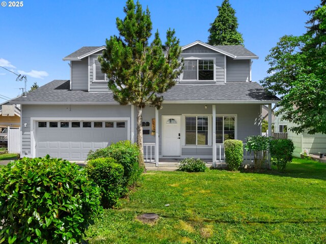 10727 NE Beech St, Portland, OR 97220 - view of front of home with roof with shingles, a front yard, a porch, and a garage