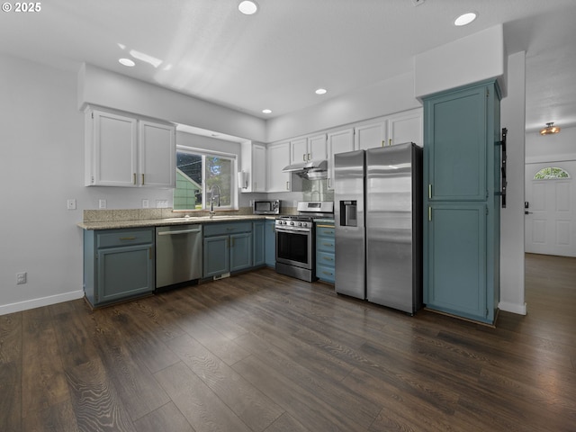 10727 NE Beech St, Portland, OR 97220 - kitchen featuring appliances with stainless steel finishes, white cabinetry, under cabinet range hood, dark wood-style floors, and recessed lighting