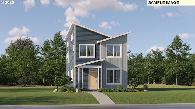 contemporary home featuring a front lawn