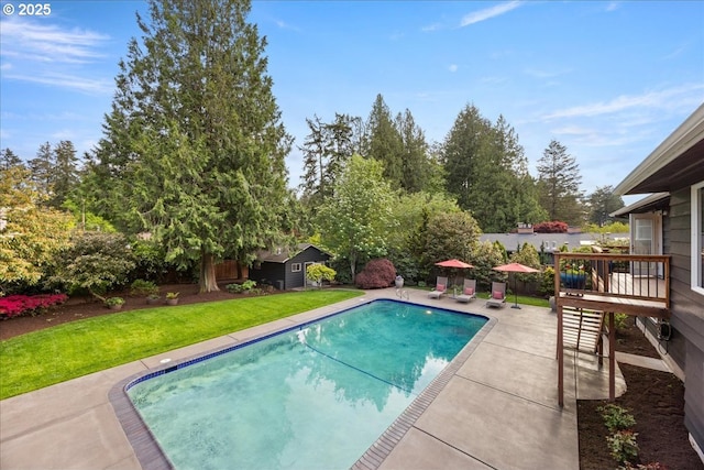 pool featuring a lawn, an outbuilding, a wooden deck, a patio area, and a shed