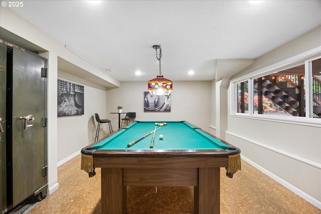 playroom featuring baseboards, carpet flooring, and pool table