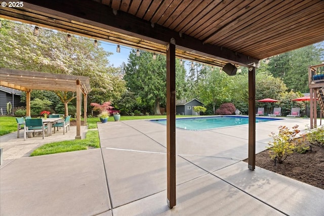 outdoor pool with a patio, outdoor dining area, and a pergola