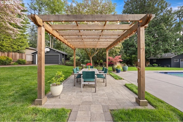 view of patio / terrace with fence, a pergola, an outdoor pool, outdoor dining area, and an outdoor structure