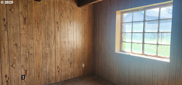 unfurnished room with wood walls