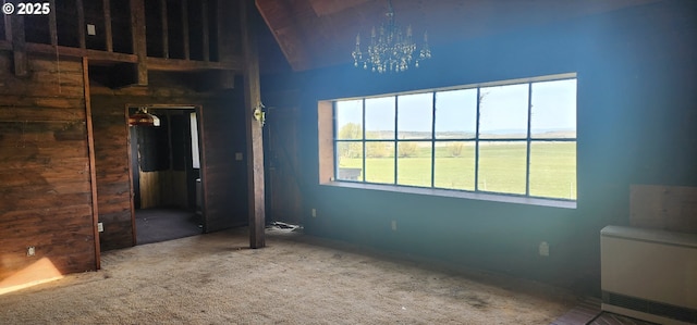 unfurnished bedroom with carpet flooring and high vaulted ceiling