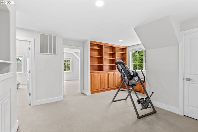 465 Covey Ln, Eugene, OR 97401 - workout room featuring baseboards, recessed lighting, light colored carpet, and plenty of natural light