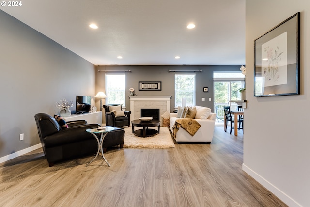 living room featuring wood finished floors, baseboards, recessed lighting, and a fireplace